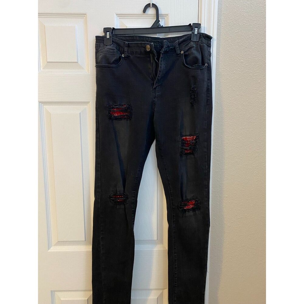 Men's Black Distressed Skinny Jeans Red Bandana Paisley 32 waist 33 inseam